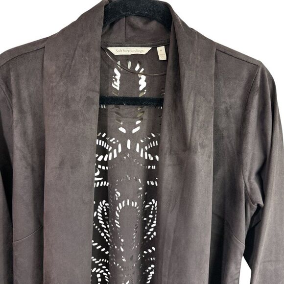 Soft Surroundings Faux Suede Jacket Open Front Brown Laser Cut Sz M Boho Western - Picture 5 of 10